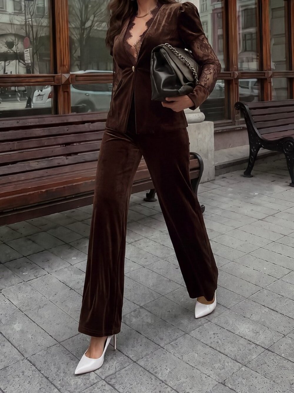 Brown Elegant Women's Velvet Trouser And Blazer Set With Lace Detailing
